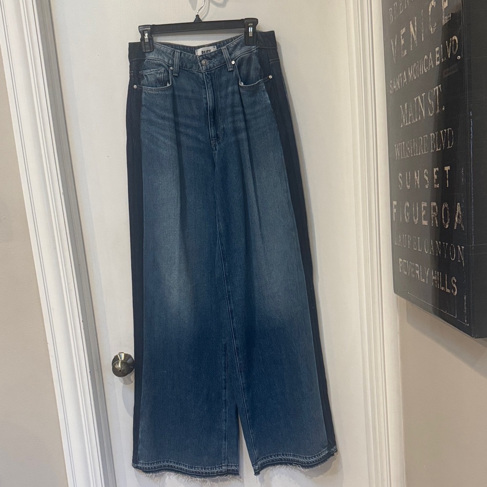 PAIGE Portia Wide-Leg Flare Jeans with Dark Blue Side Stripe - Blue - Picture 3 of 12
